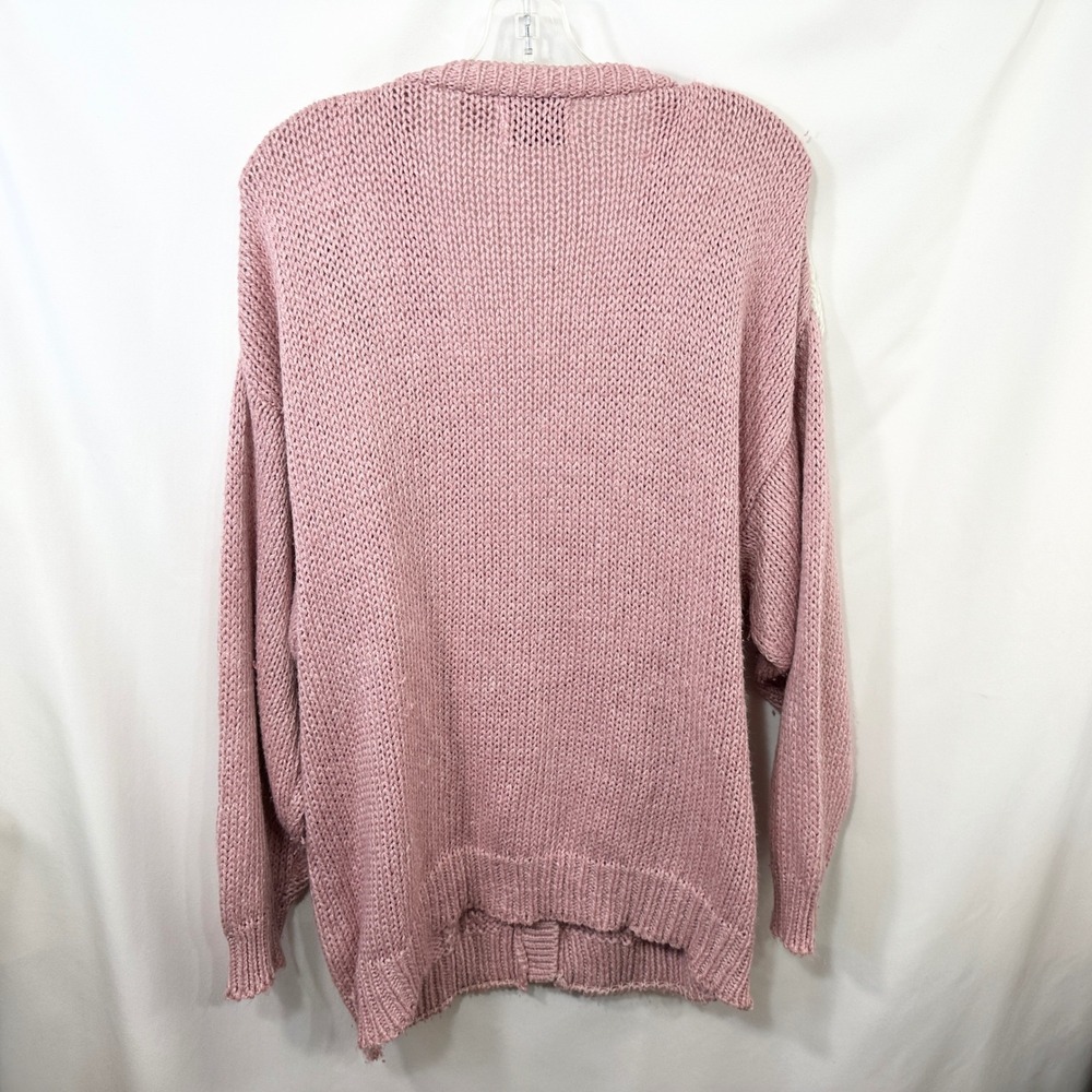 VTG Plus Size 20W Sweater Pink Hand Knit Heart Fringe Cardigan Cottagecore 774 - Picture 3 of 10
